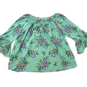 Terrace Sky Women's Plus Size 2X Off Shoulder Floral Smocked Bell‎ Sleeve Blouse